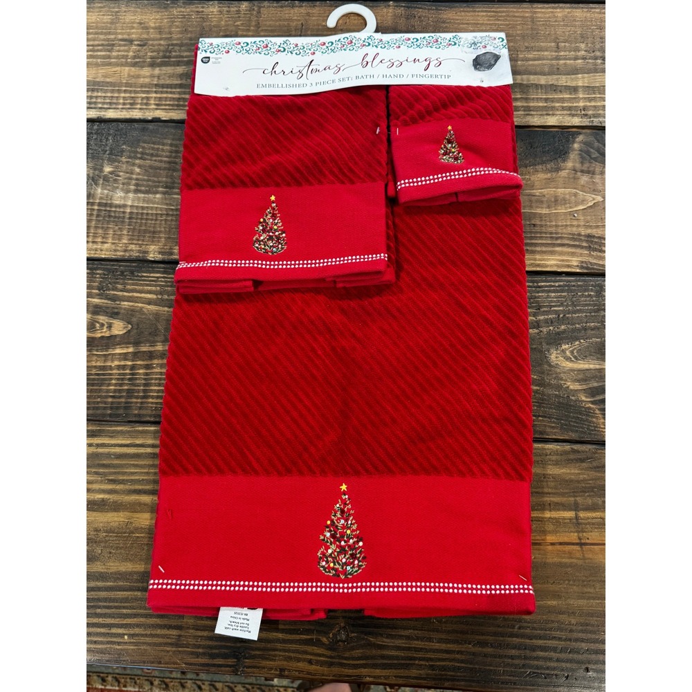 Christmas Blessings Towel Set Red 3 Piece Embellished Cotton Christmas Tree NIP